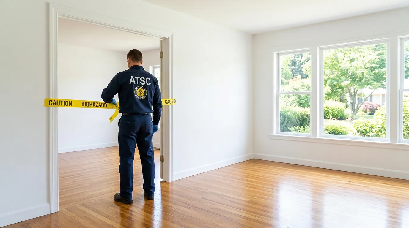 Certified biohazard cleanup crew performing Decomposition Cleanup in Woodside